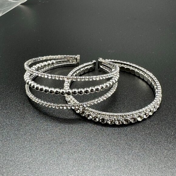 Rhinestone Cuff Bracelet Set Silver Tone Stretch Bling Statement 2pc Formal - Picture 5 of 12